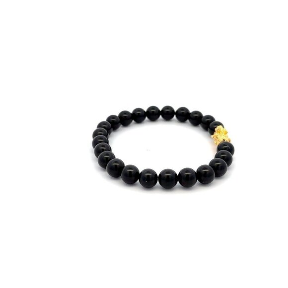 18K Gold Piyao Pixiu Dragon Lucky Charm Bracelet Gemstones Black Tourmaline 6mm - Picture 4 of 5